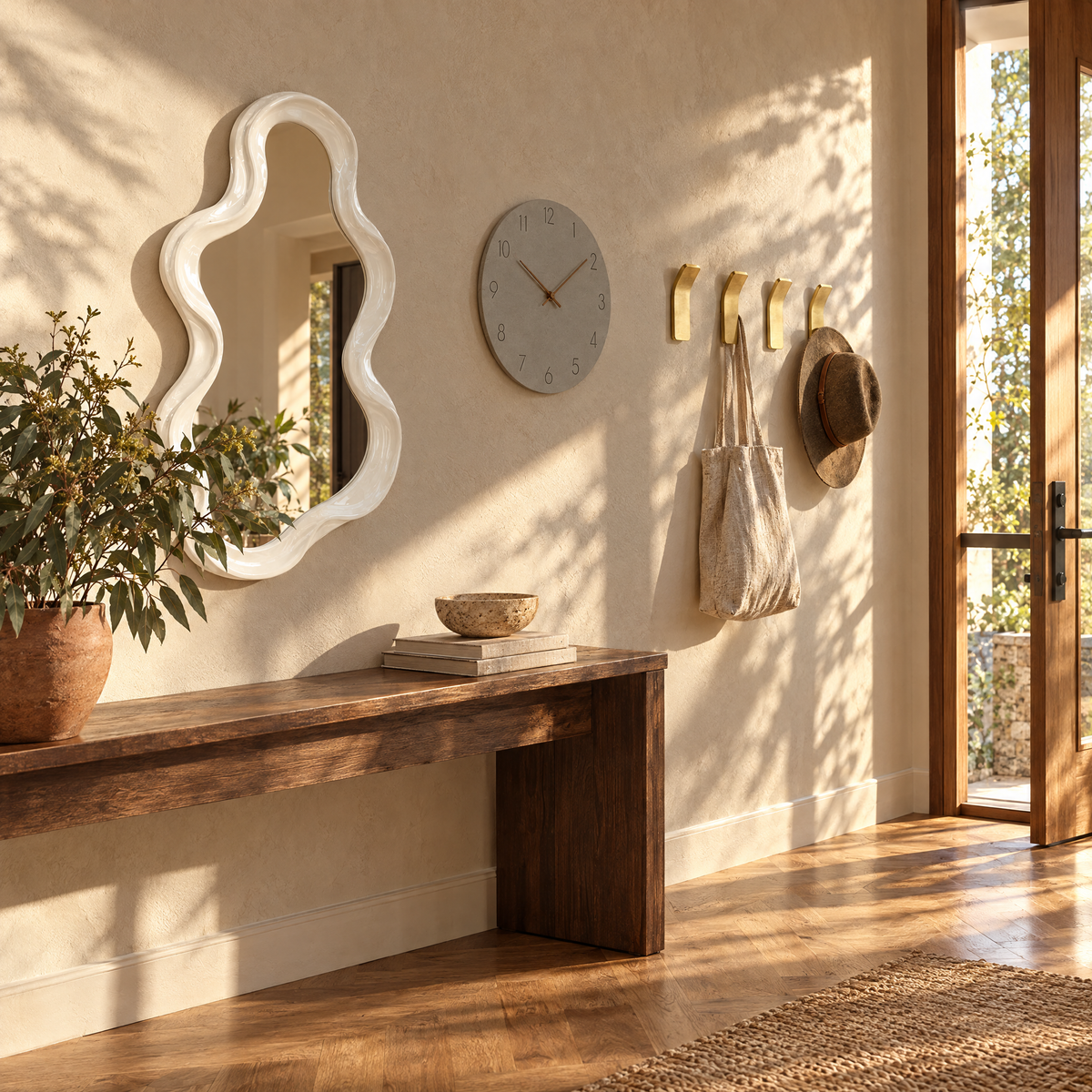 Mirror, clock and wall hooks in a styled entry