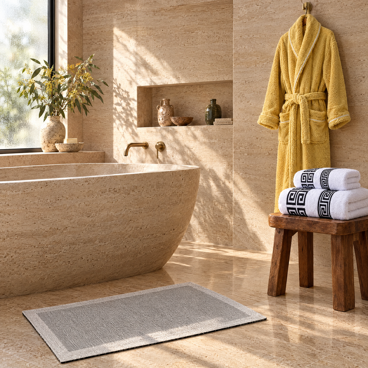 Bath mat, towels and robe in a travertine bathroom