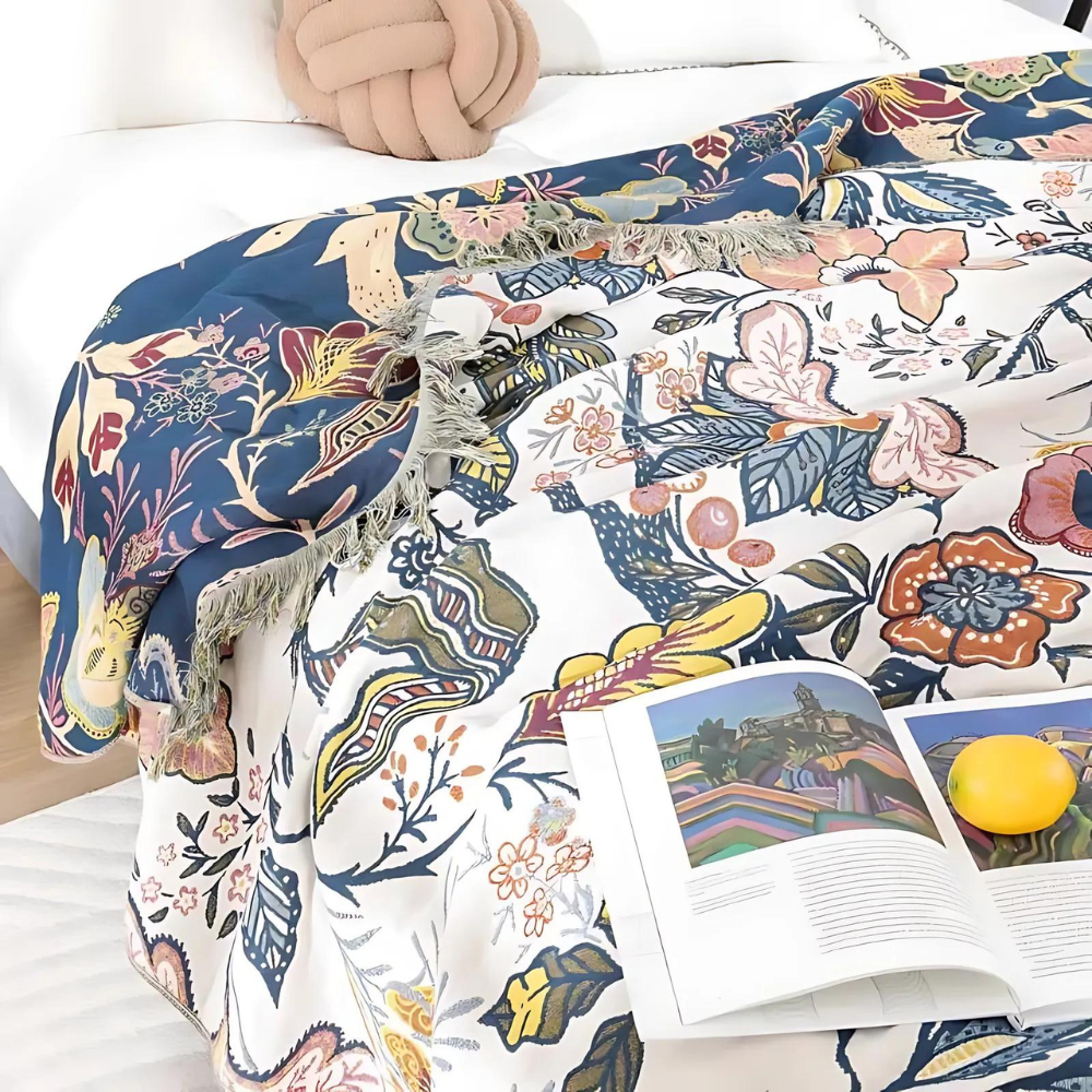 Floral Cotton Throw Blanket - Reversible Tassel Bedspread
