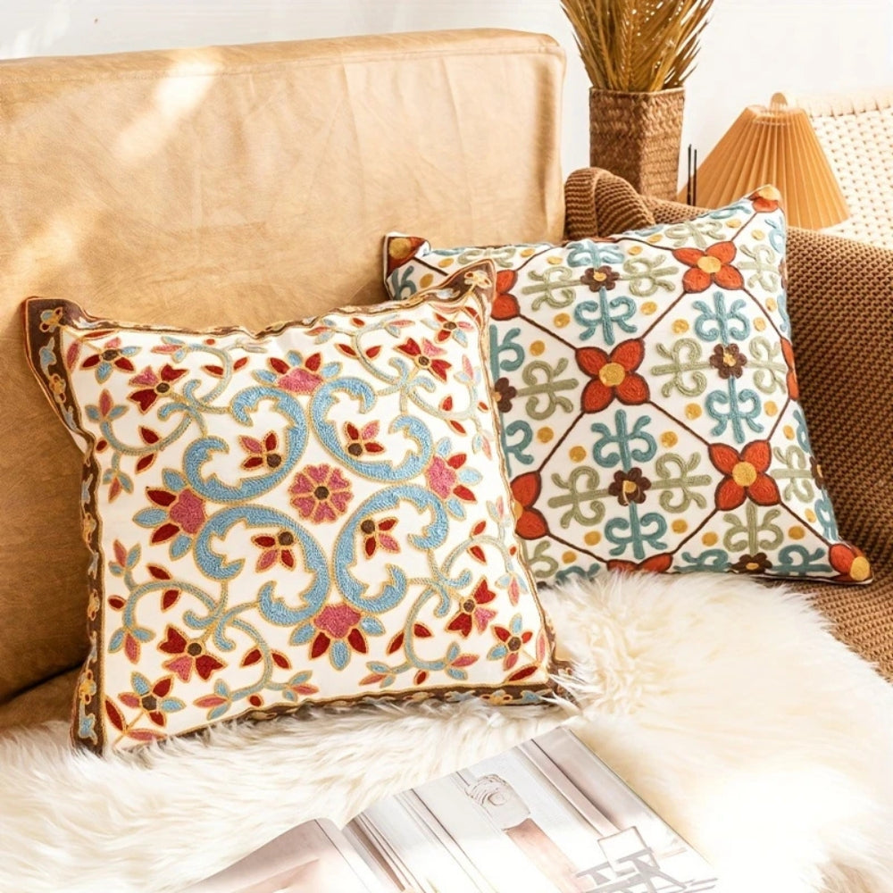 Embroidered Cushion Cover - Vintage Floral Pillow Cover
