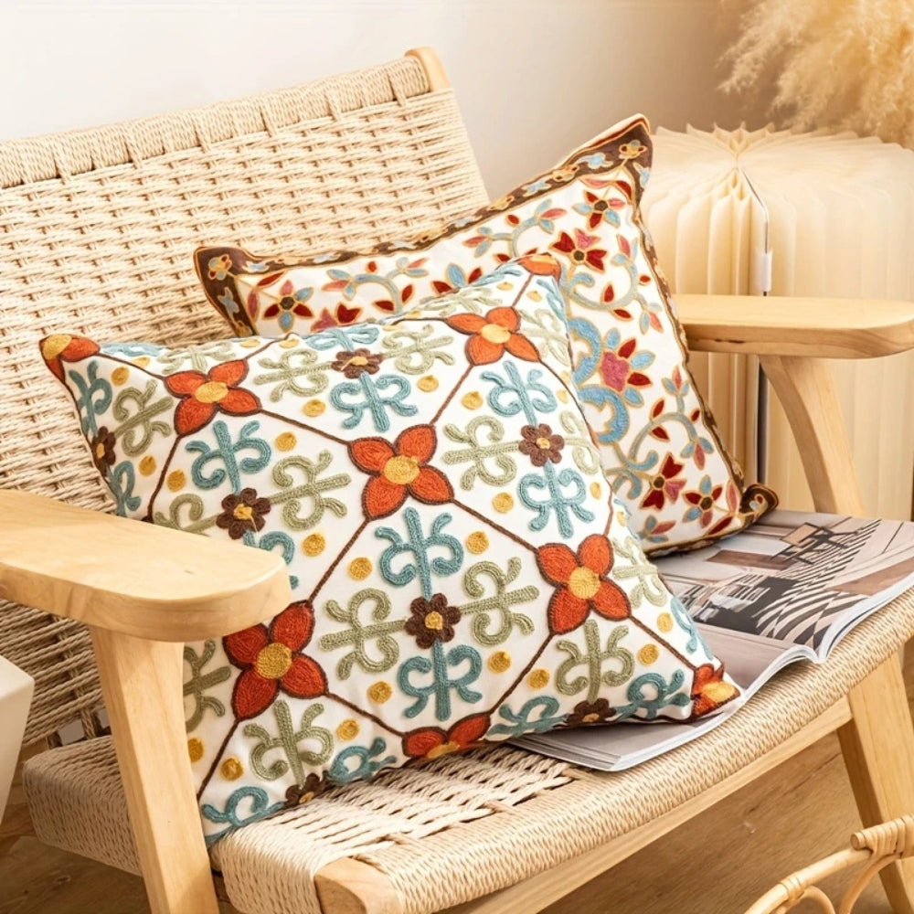 Embroidered Cushion Cover - Vintage Floral Pillow Cover
