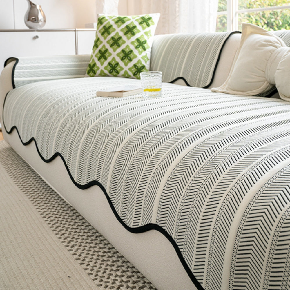 Scalloped Couch Cover - Herringbone Non-Slip Sofa Protector