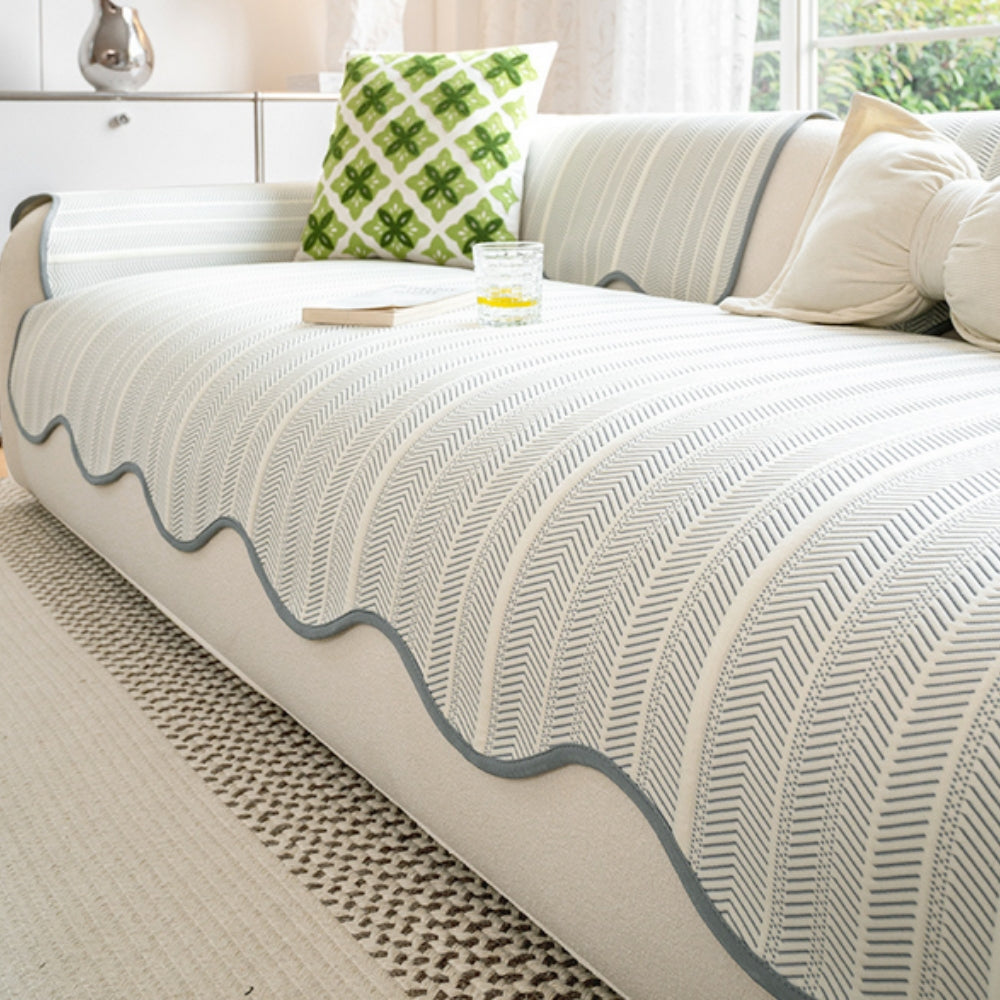 Scalloped Couch Cover - Herringbone Non-Slip Sofa Protector