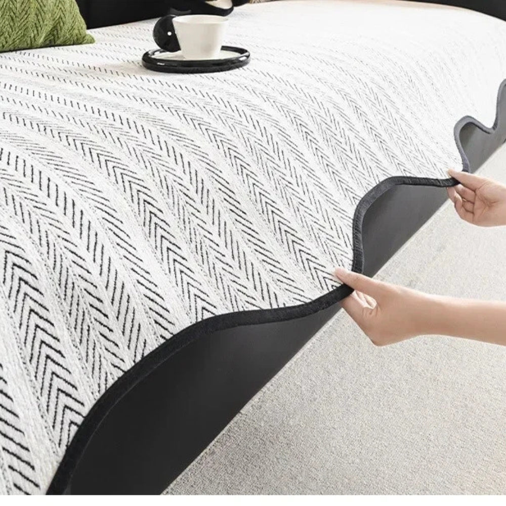 Scalloped Couch Cover - Herringbone Non-Slip Sofa Protector