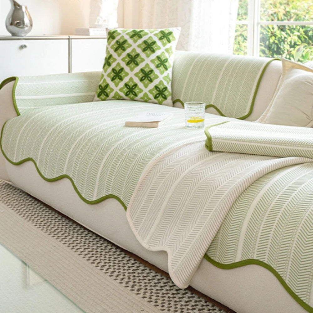 Scalloped Couch Cover - Herringbone Non-Slip Sofa Protector