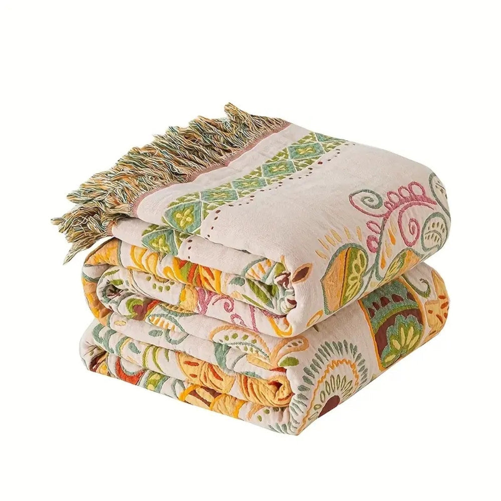 Muslin Gauze Blanket - Reversible Boho Leaf Throw, Tassels