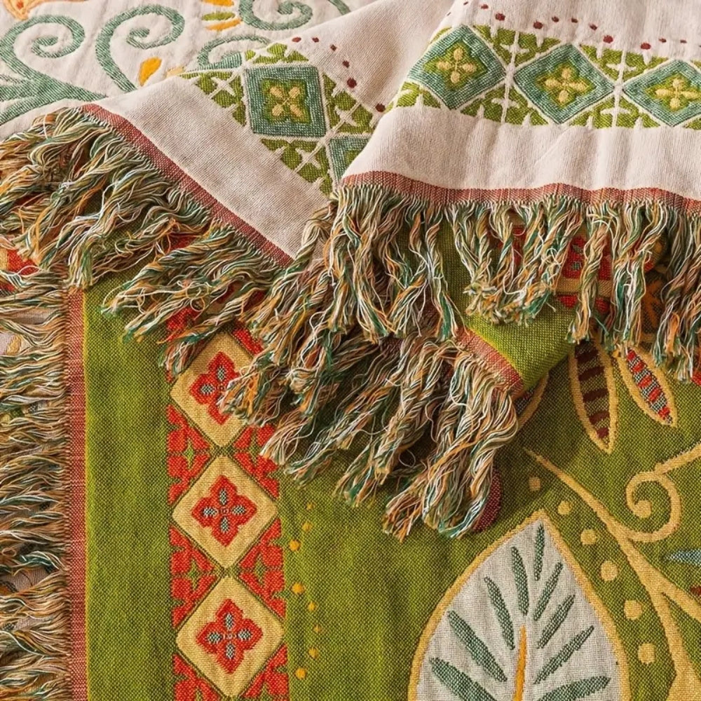 Muslin Gauze Blanket - Reversible Boho Leaf Throw, Tassels