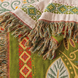 Muslin Gauze Blanket - Reversible Boho Leaf Throw, Tassels