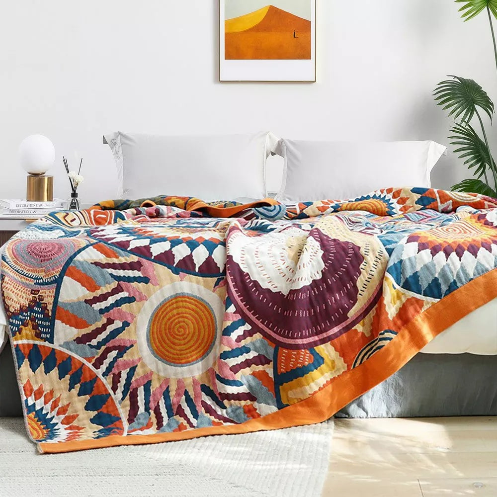 Cotton Throw Blanket - Sunburst Print All-Season Bedspread