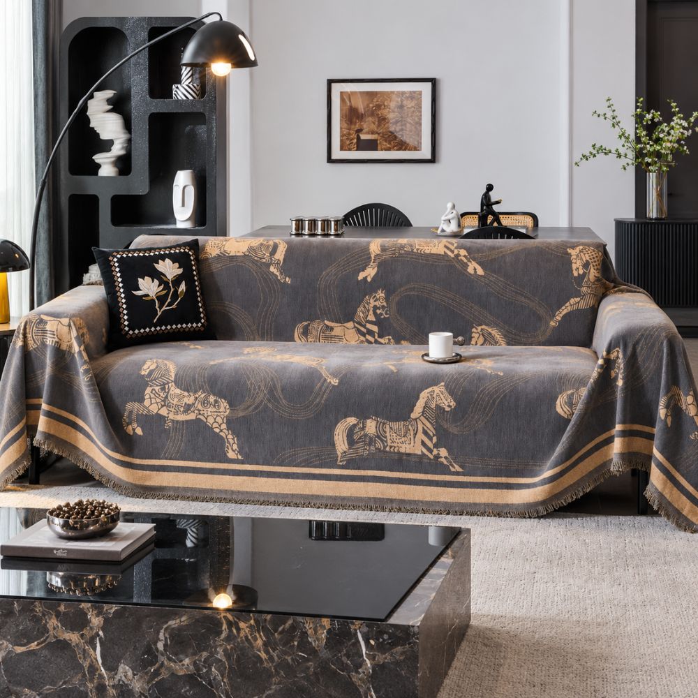 Wild Stallion Horse Print Couch Cover - Chenille Sofa Throw