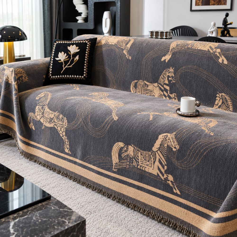 Wild Stallion Horse Print Couch Cover - Chenille Sofa Throw