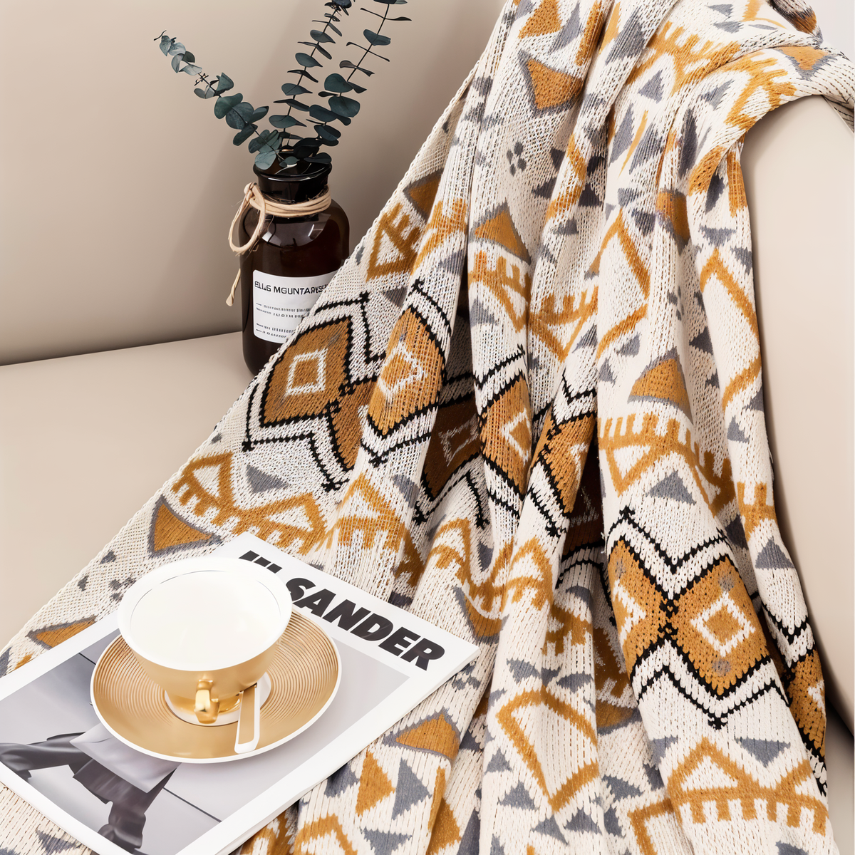 Fjell Geometric Fleece Blanket - Boho Sofa & Bed Throw