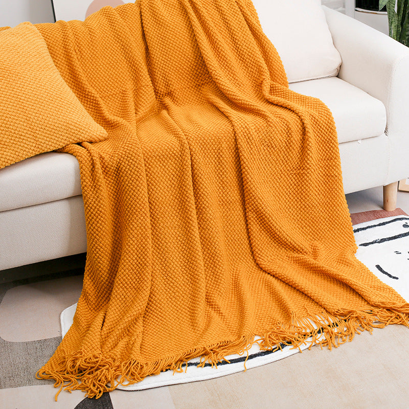 CosyWaffle Throw Blanket - Waffle Knit Fringe Sofa Throw