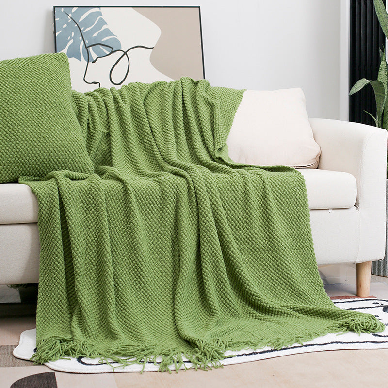 CosyWaffle Throw Blanket - Waffle Knit Fringe Sofa Throw