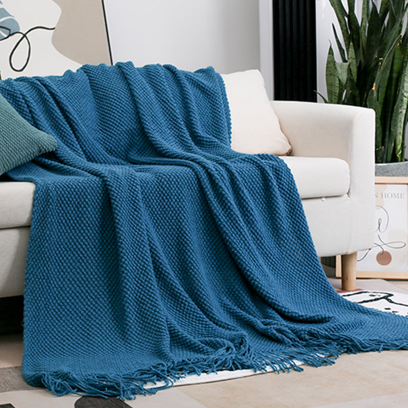 CosyWaffle Throw Blanket - Waffle Knit Fringe Sofa Throw