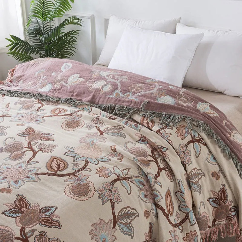 Orchid Bloom Jacquard Cotton Bedspread - Tassel Blanket