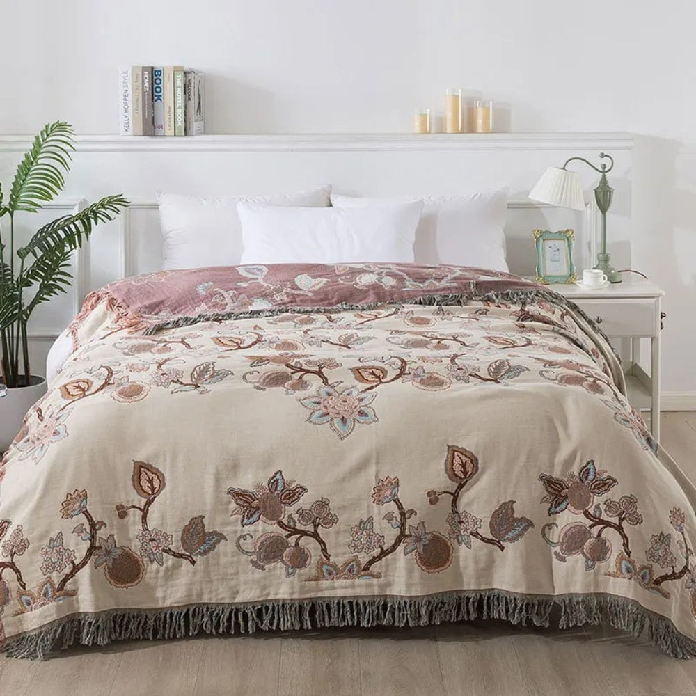 Orchid Bloom Jacquard Cotton Bedspread - Tassel Blanket