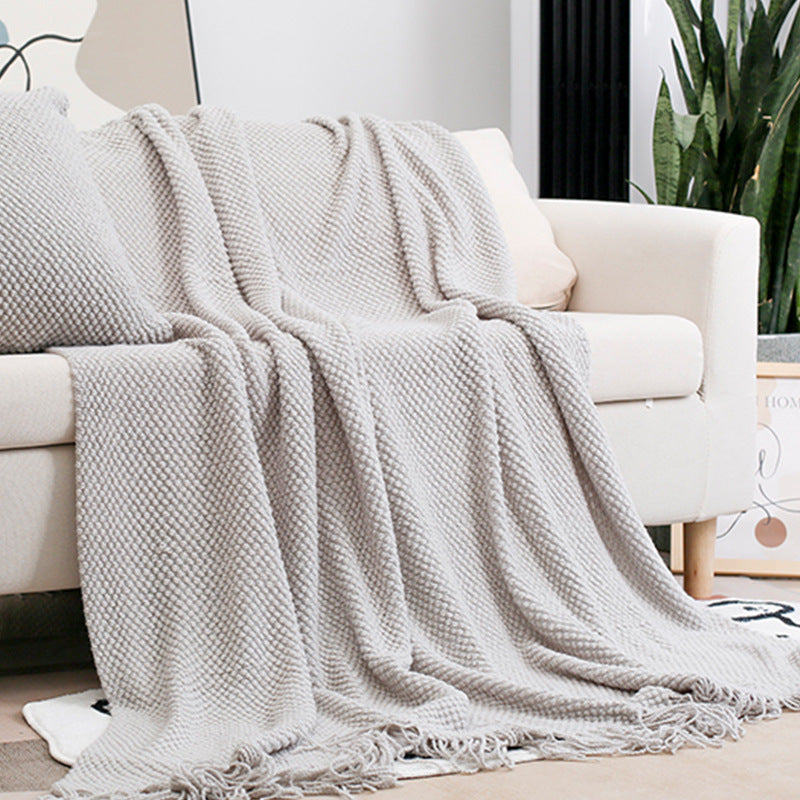 CosyWaffle Throw Blanket - Waffle Knit Fringe Sofa Throw