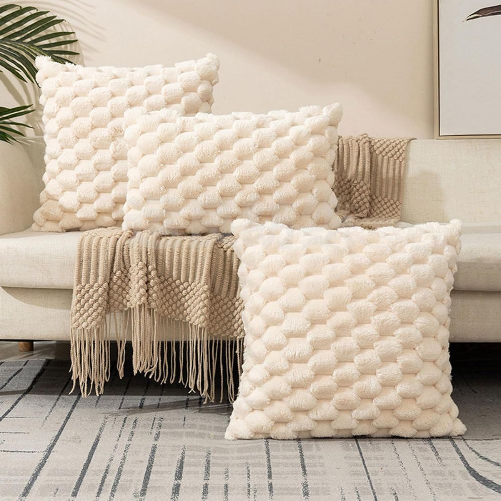 Textured Cushion Cover - Plush 3D Grid Sofa Pillow Cover