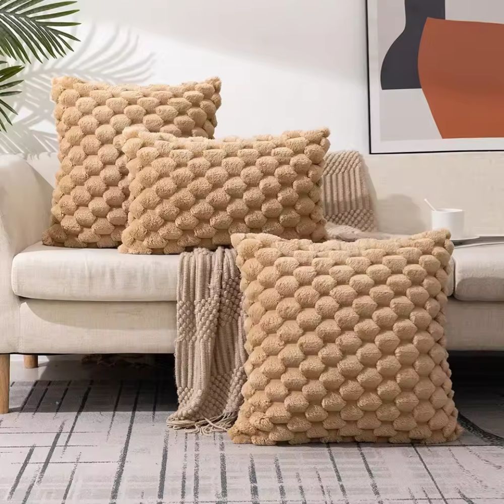Textured Cushion Cover - Plush 3D Grid Sofa Pillow Cover