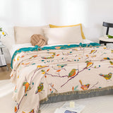 Aviary Bird Print Cotton Blanket - Boho Tassel Bedspread