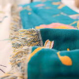 Aviary Bird Print Cotton Blanket - Boho Tassel Bedspread