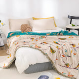 Aviary Bird Print Cotton Blanket - Boho Tassel Bedspread