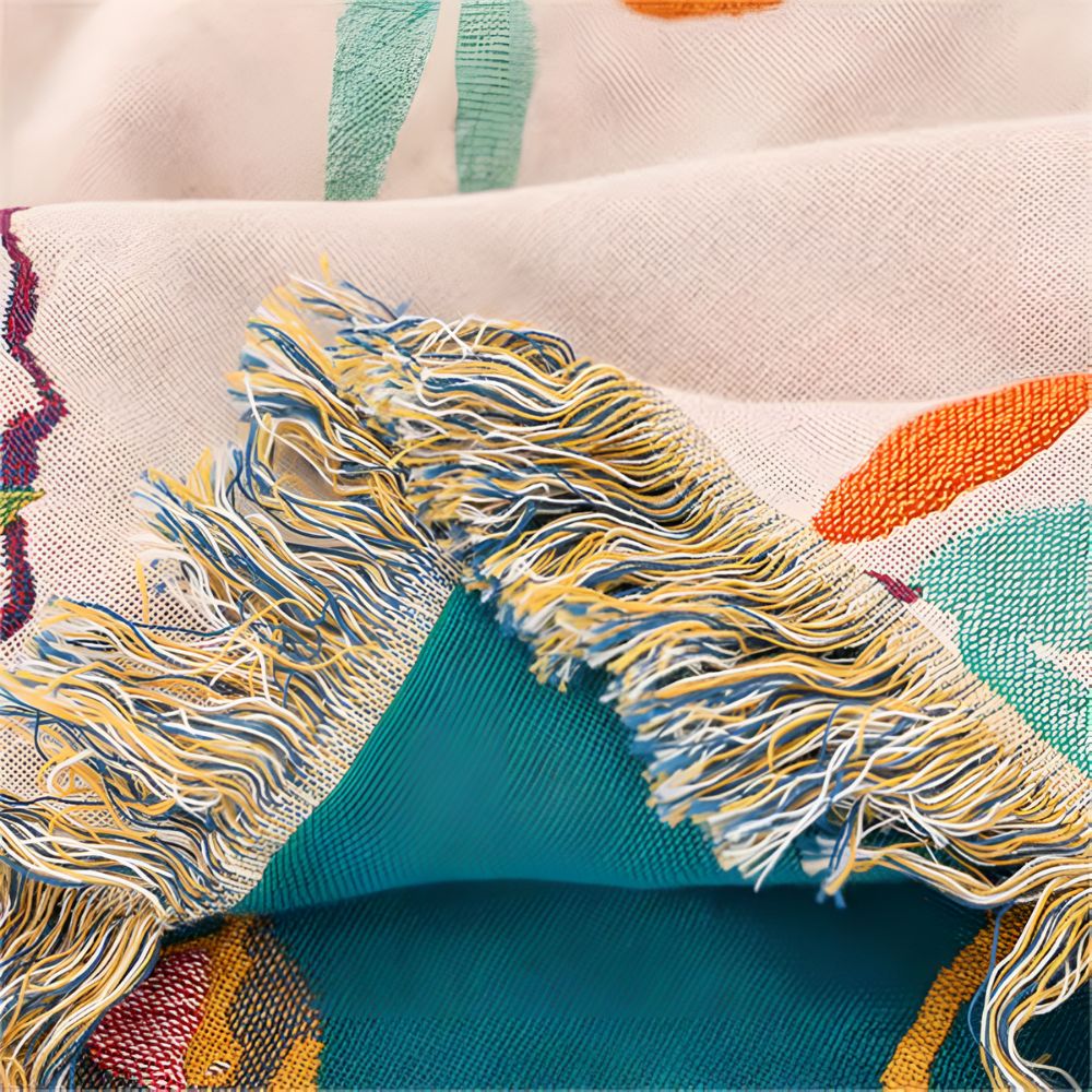 Aviary Bird Print Cotton Blanket - Boho Tassel Bedspread