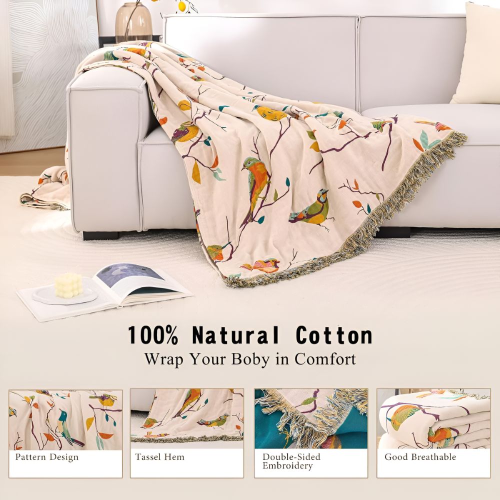Aviary Bird Print Cotton Blanket - Boho Tassel Bedspread
