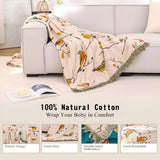Aviary Bird Print Cotton Blanket - Boho Tassel Bedspread