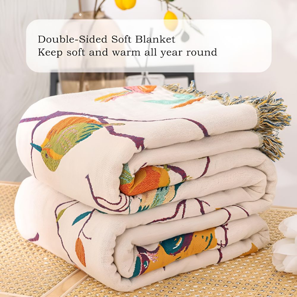 Aviary Bird Print Cotton Blanket - Boho Tassel Bedspread