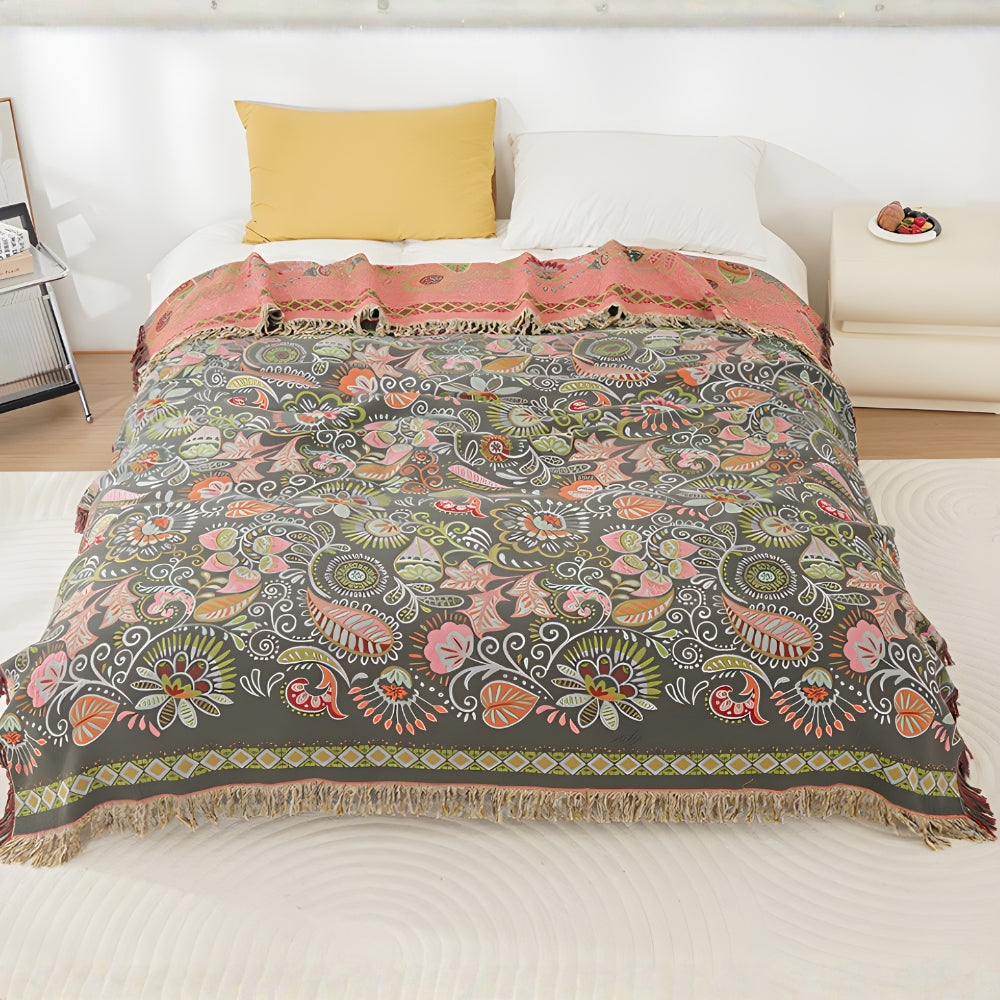 Muslin Gauze Blanket - Reversible Boho Leaf Throw, Tassels
