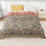 Muslin Gauze Blanket - Reversible Boho Leaf Throw, Tassels