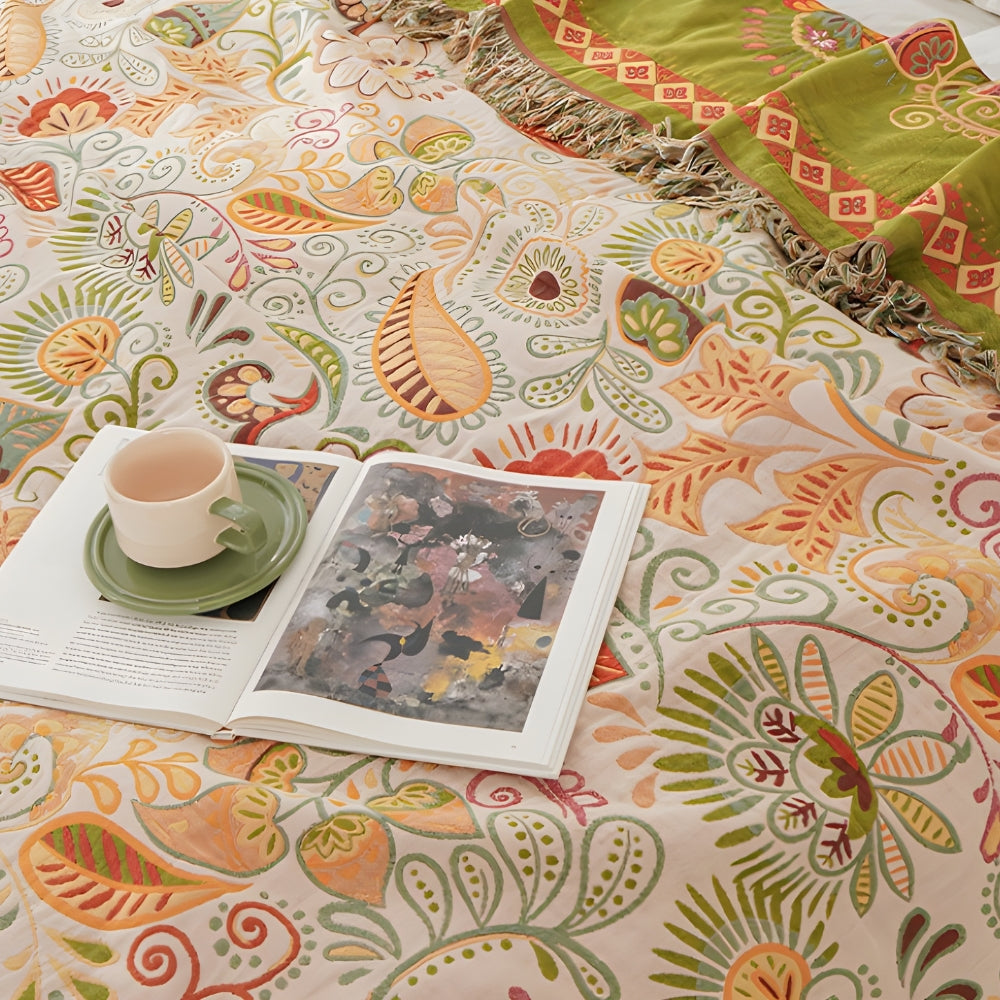 Muslin Gauze Blanket - Reversible Boho Leaf Throw, Tassels
