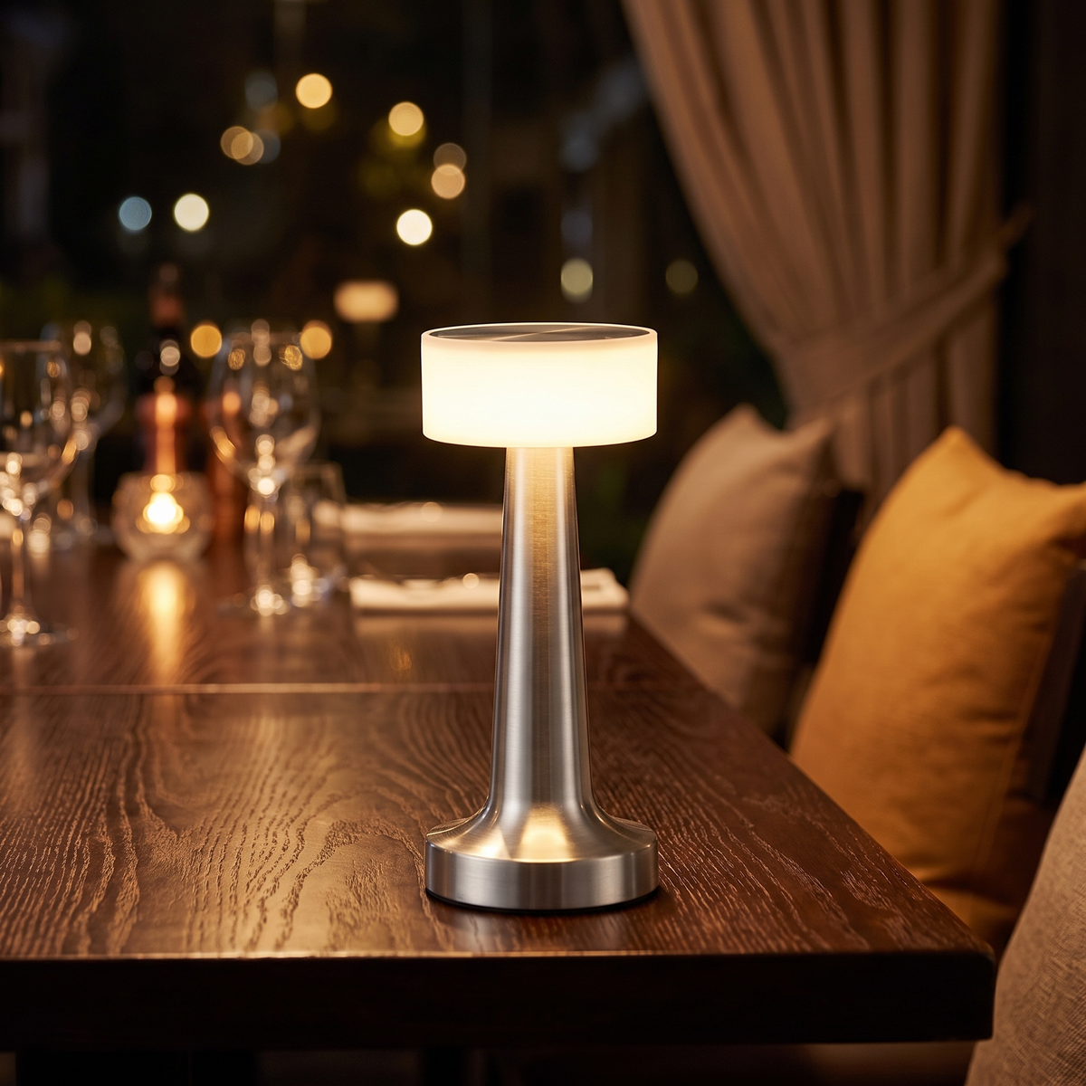 Halden Cordless Bar Lamp glowing on a restaurant table at night