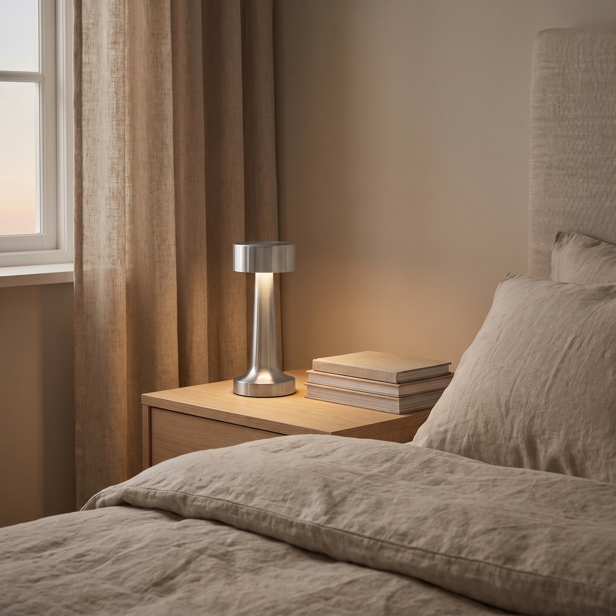 Halden Cordless Bar Lamp on a bedside table