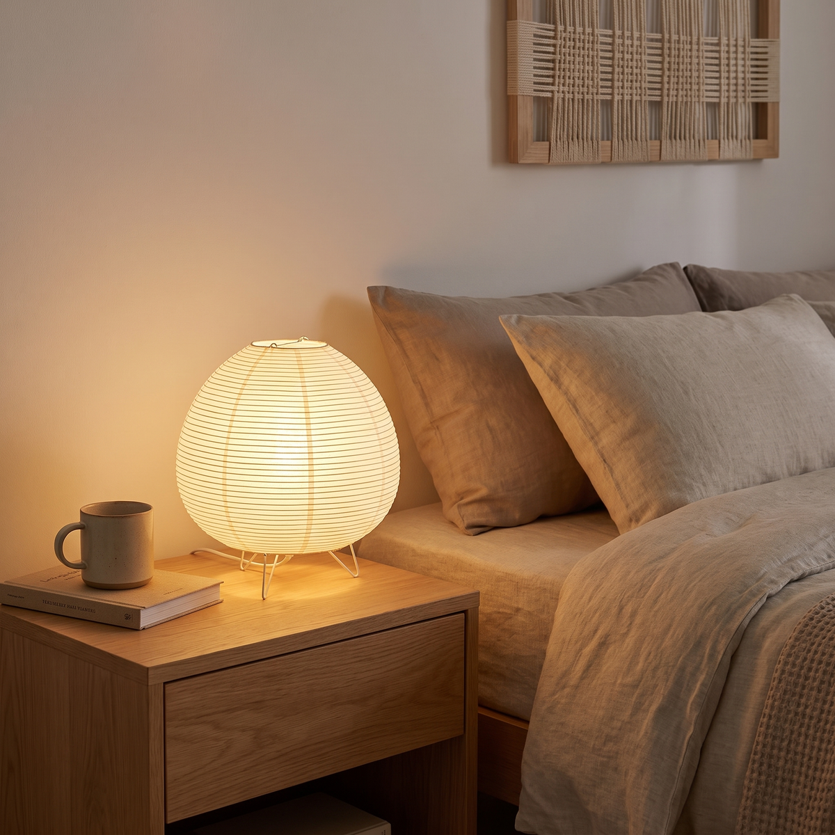 Halden Japanese Lantern Lamp glowing on a bedside table