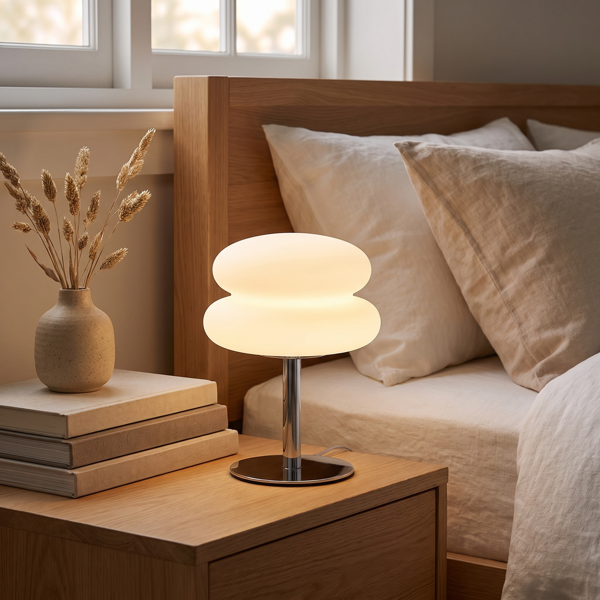 Halden Mushroom Lamp glowing on a bedside table