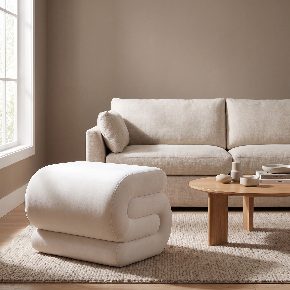 Halden S-Curve Velvet Ottoman as a footrest by a living-room sofa