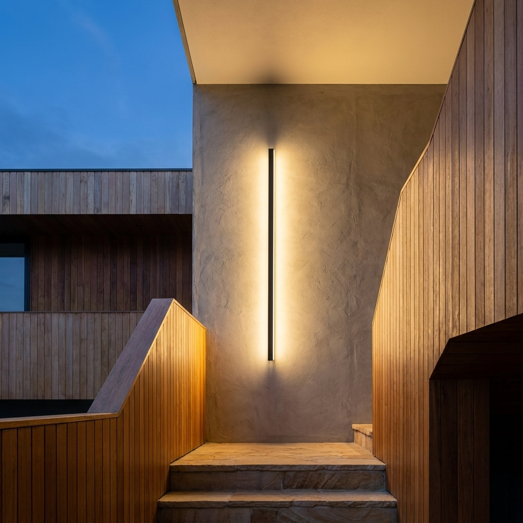 Halden IP65 Outdoor LED Wall Light on a modern exterior facade at dusk