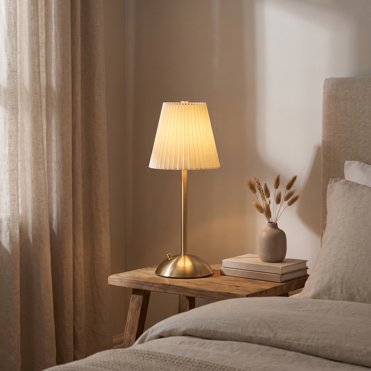 Halden Pleated Touch Desk Lamp glowing on a bedside table