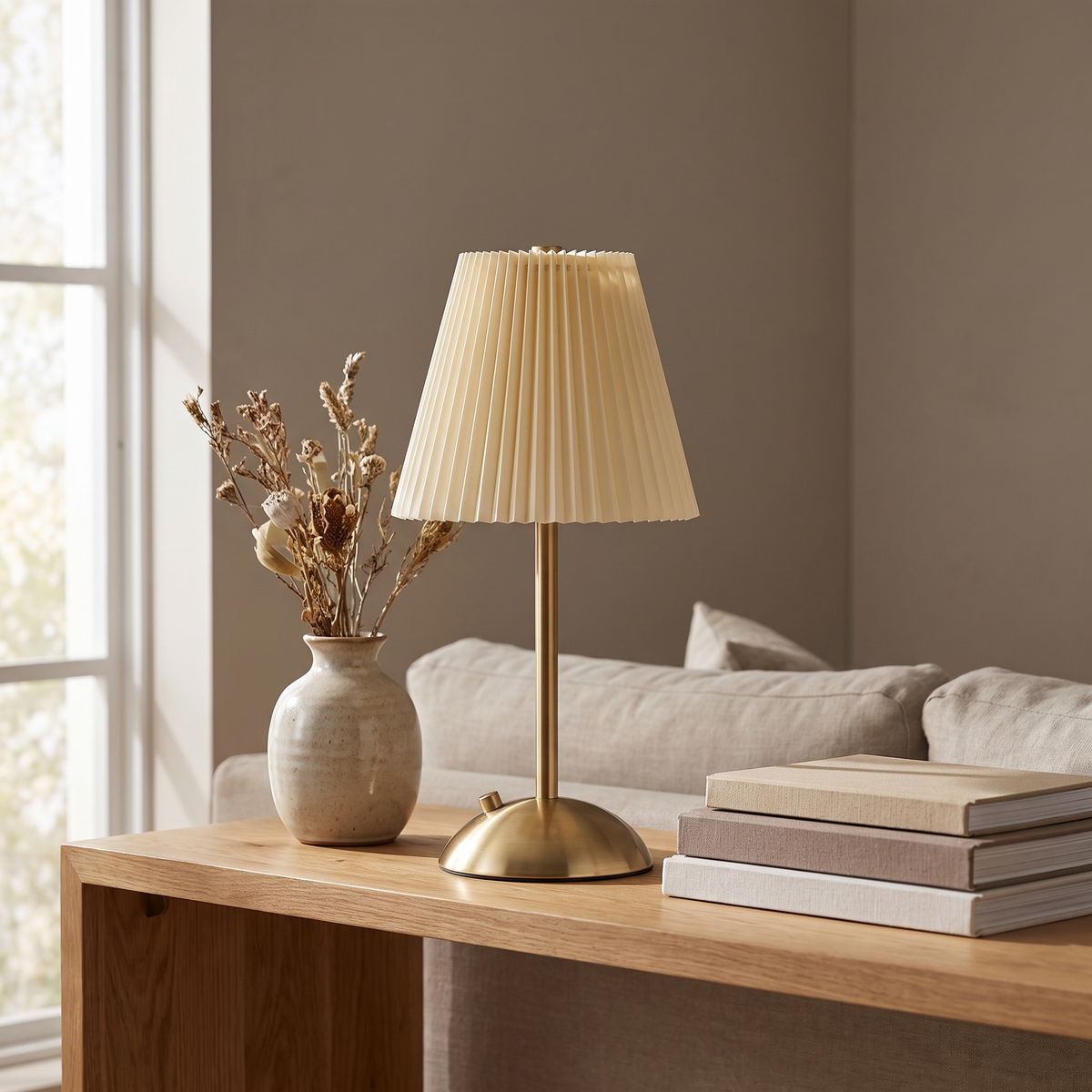 Halden Pleated Touch Desk Lamp on a living-room console