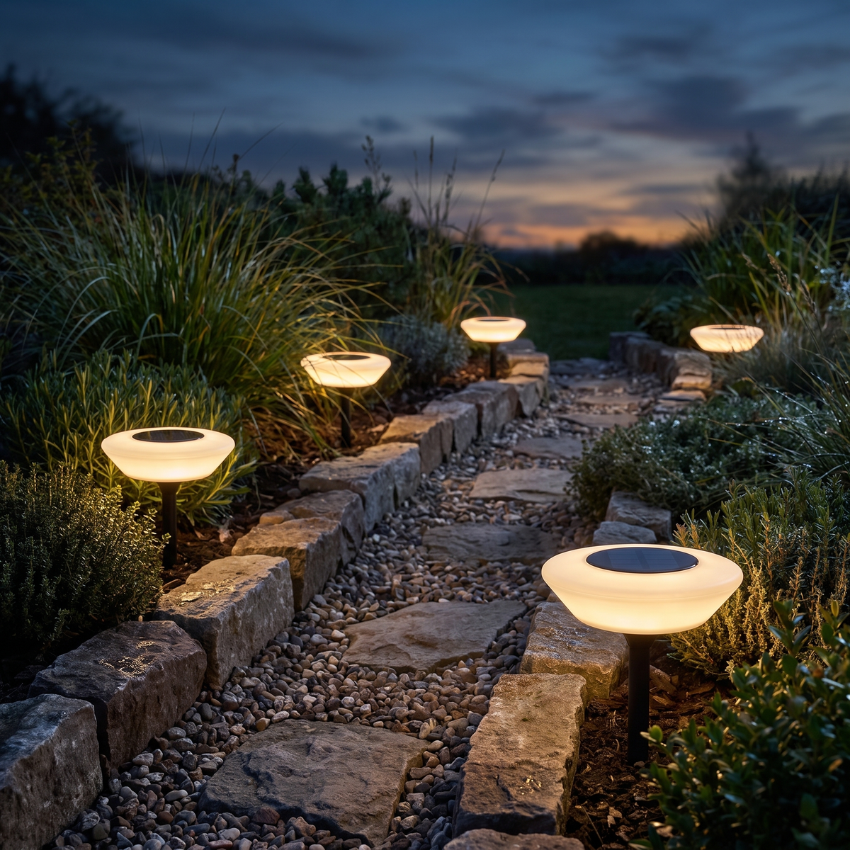 Halden Solar Ground Lights lining a garden path at dusk