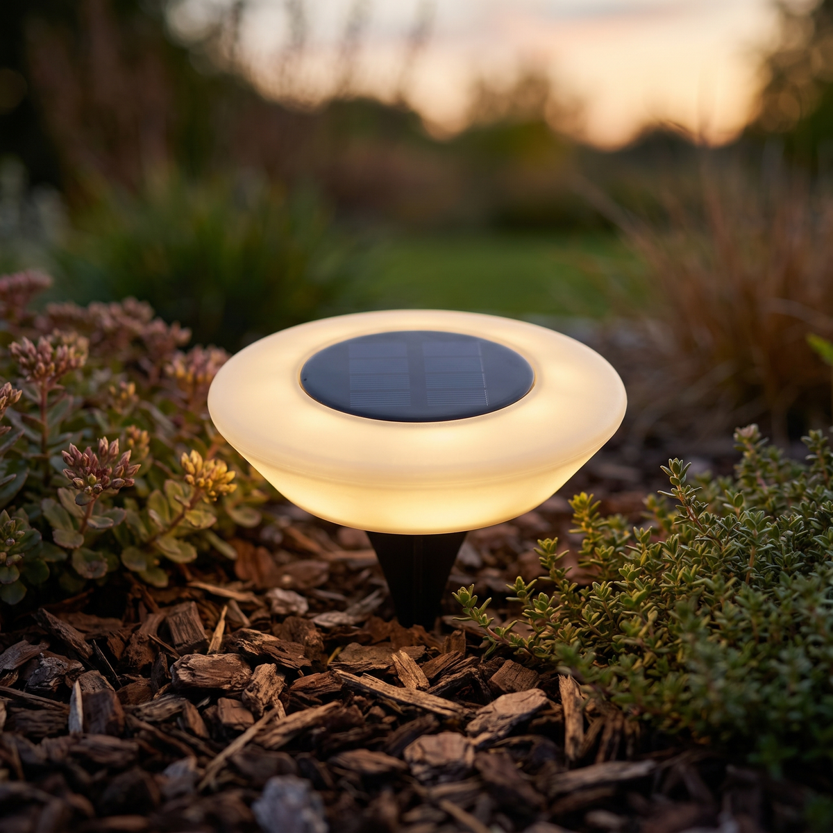 Halden Solar Ground Light close-up in a garden bed