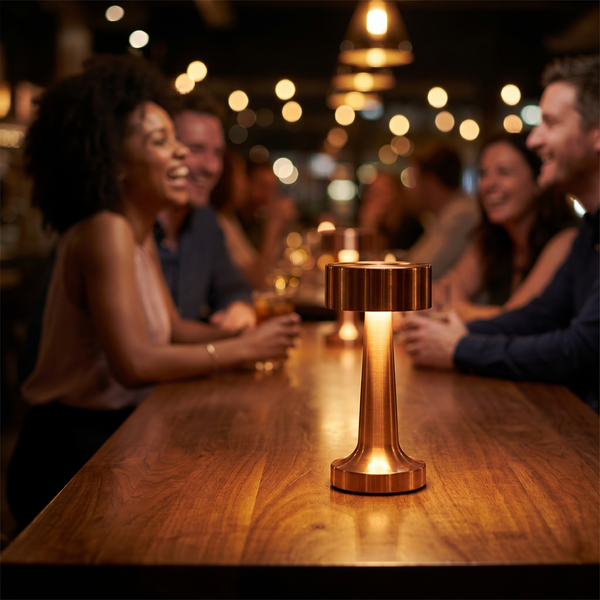Retro Bar LED Table Lamp on a bar table with diners blurred in the background