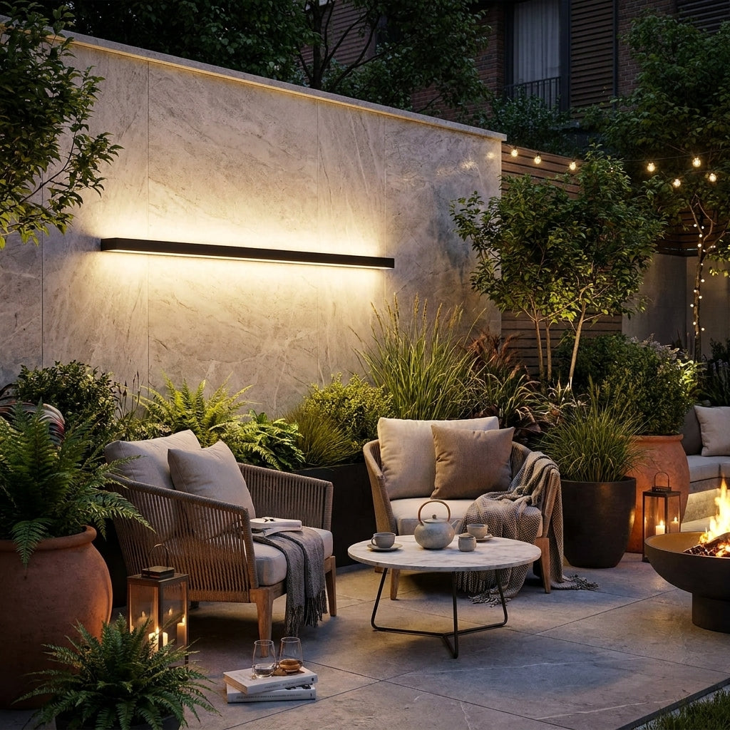 LED Outdoor Wall Lamp - boutique garden patio at night