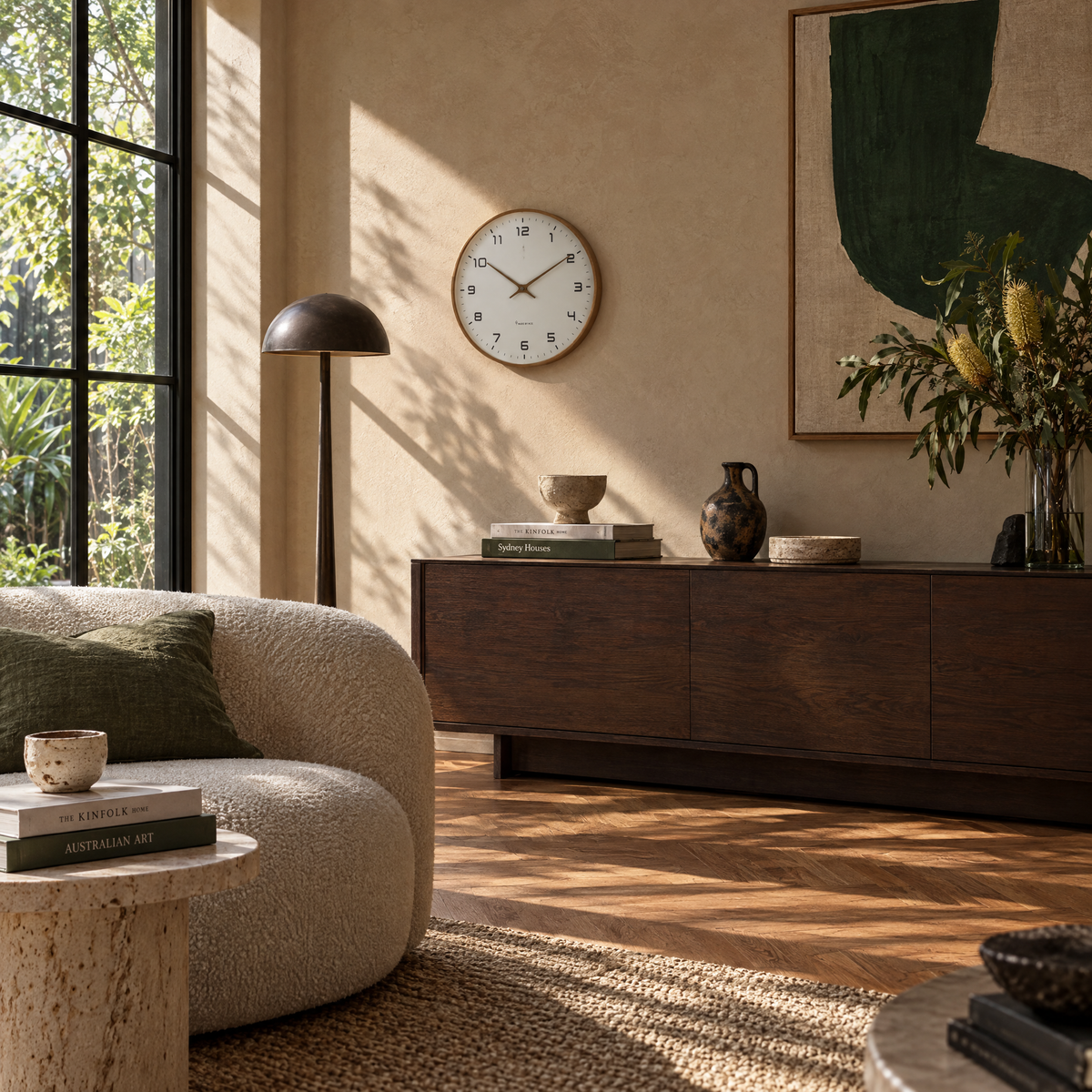 Brown wood frame silent wall clock in a Sydney living room