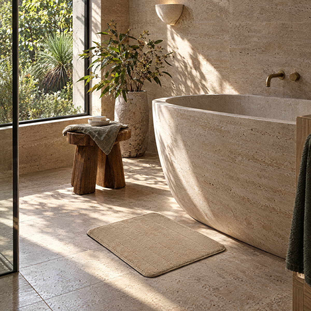 Khaki plush bath mat beside a freestanding bath in a Sydney bathroom