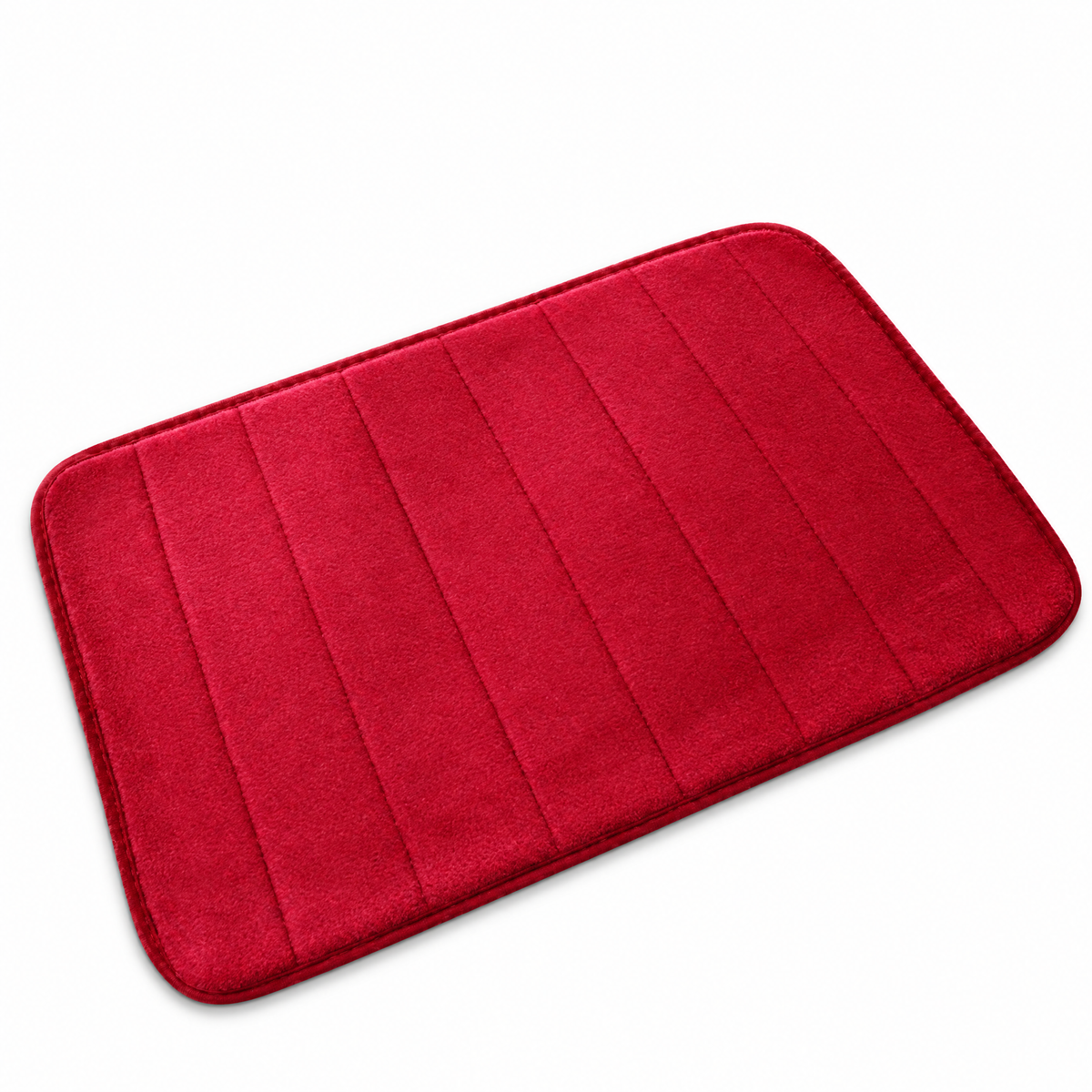 Plush anti-slip bath mat in red on white background