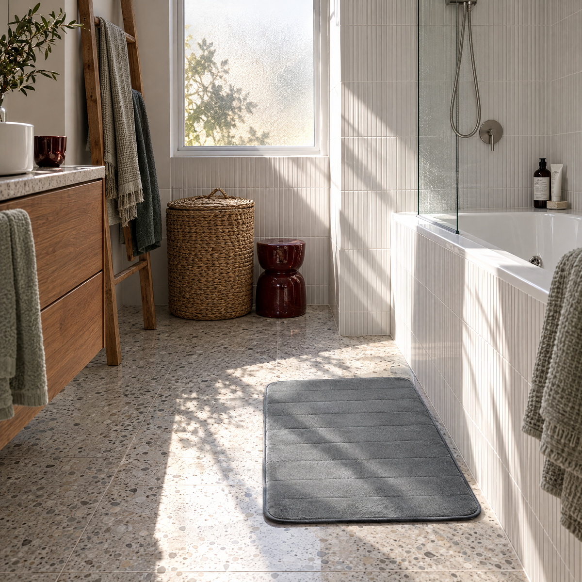 Grey plush bath mat beside the bath in a family bathroom